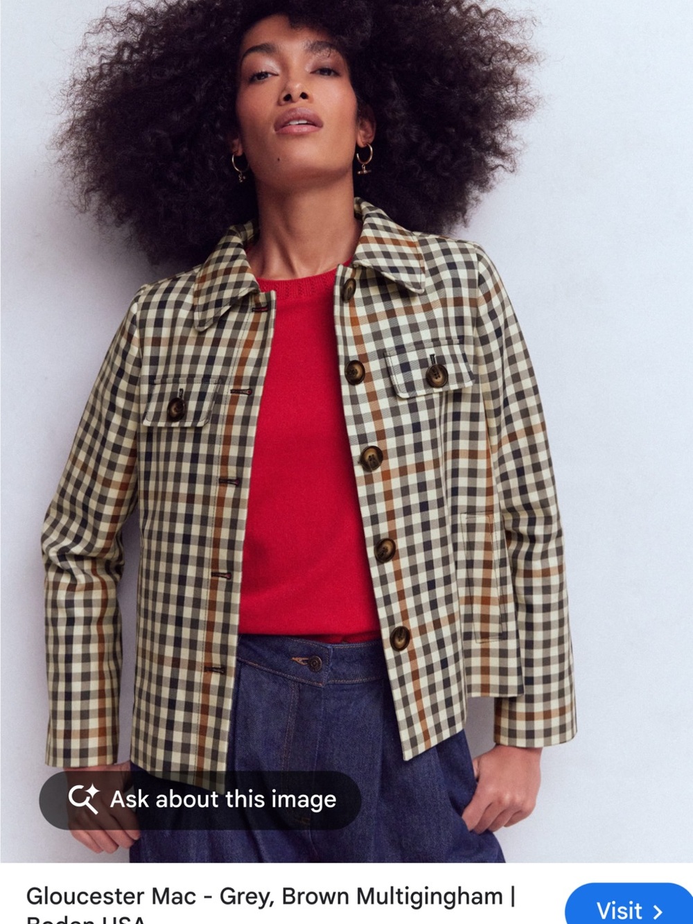 Boden Gloucester Mac-Grey and Brown Gingham Women's Jacket